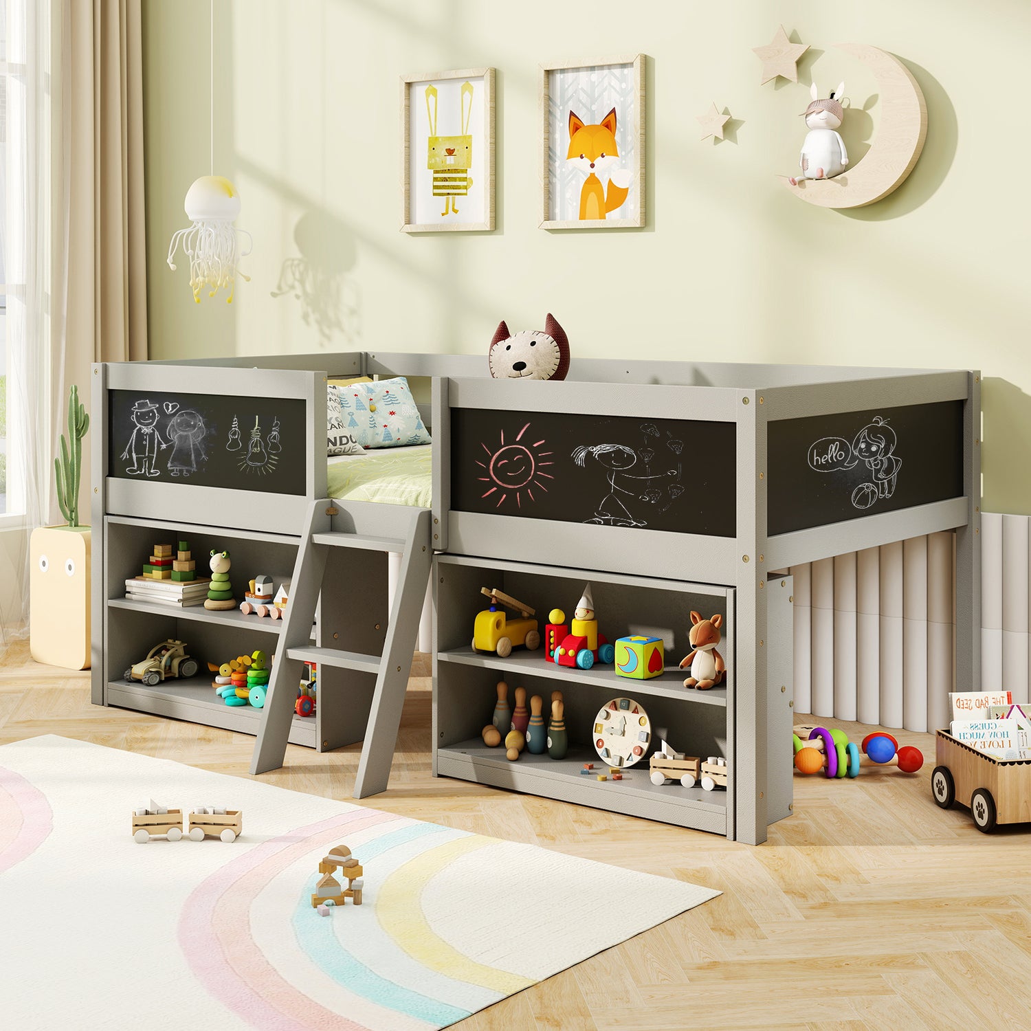 Kid Twin Size Low Loft Bed with Chalkboard Ramp Ladder and Bookcases