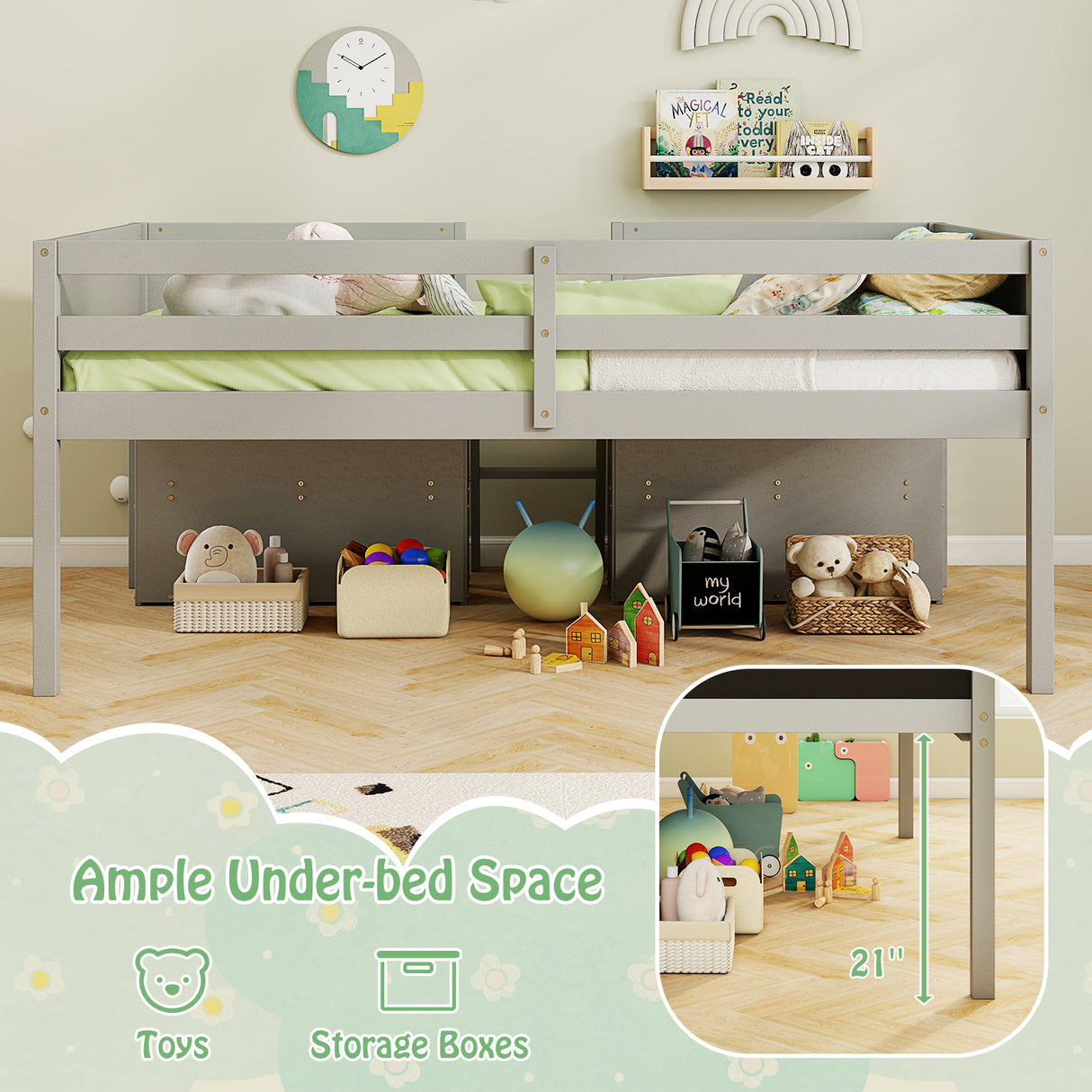 Kid Twin Size Low Loft Bed with Chalkboard Ramp Ladder and Bookcases