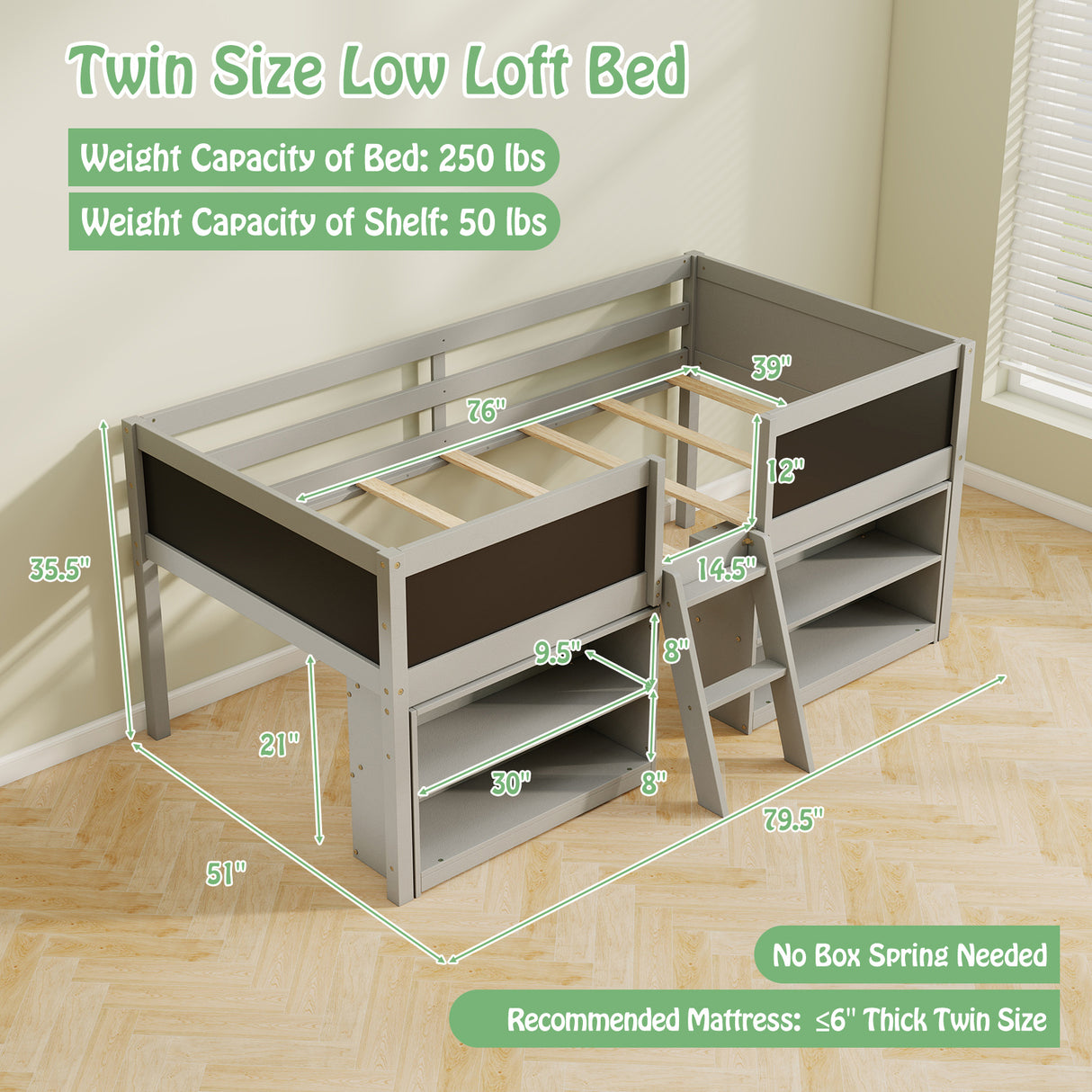 Kid Twin Size Low Loft Bed with Chalkboard Ramp Ladder and Bookcases