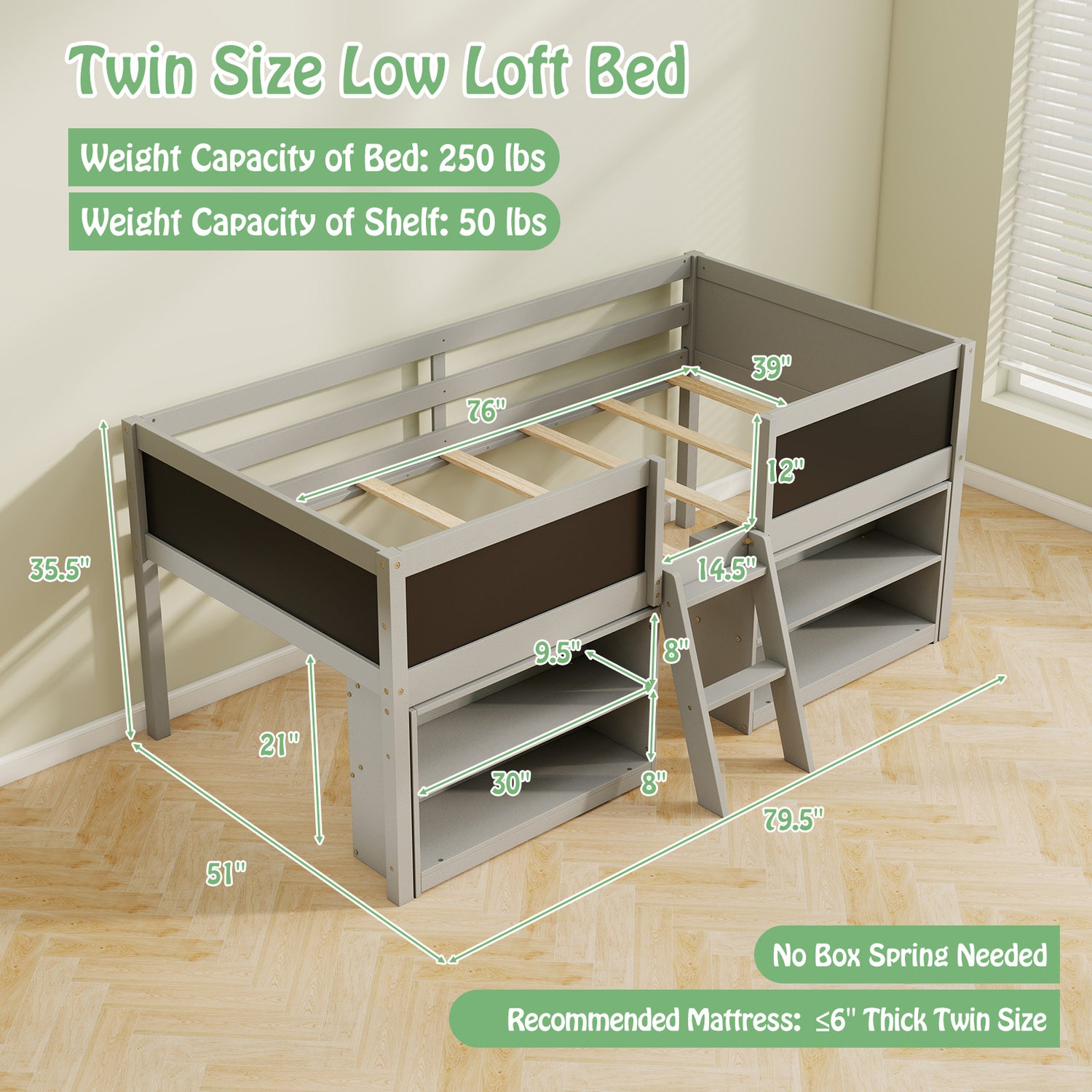 Kid Twin Size Low Loft Bed with Chalkboard Ramp Ladder and Bookcases
