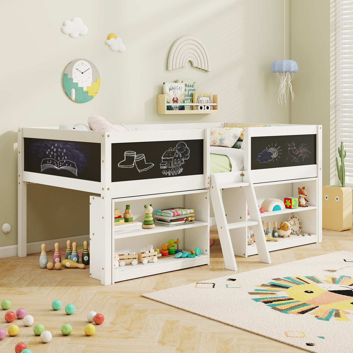 Kid Twin Size Low Loft Bed with Chalkboard Ramp Ladder and Bookcases
