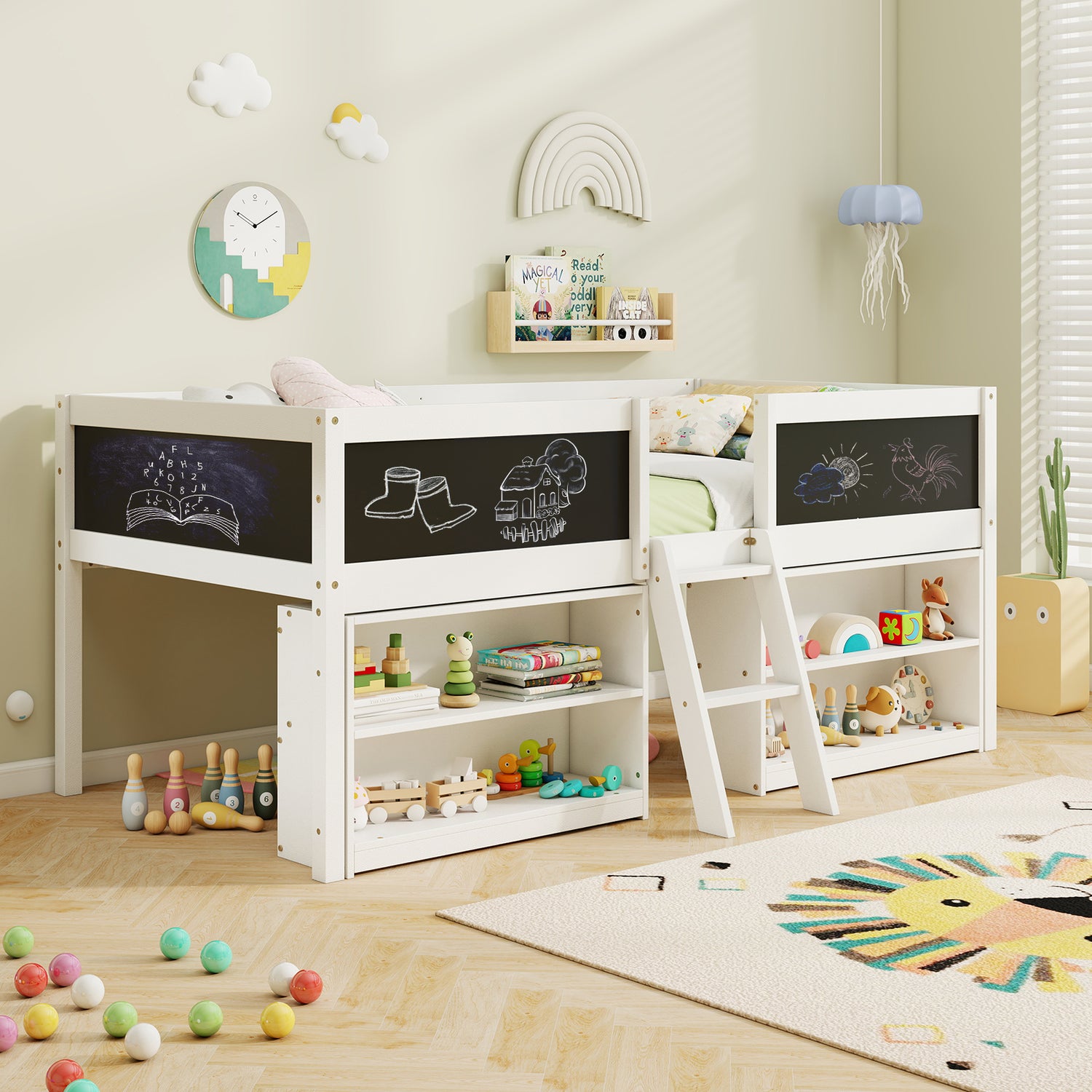 Kid Twin Size Low Loft Bed with Chalkboard Ramp Ladder and Bookcases