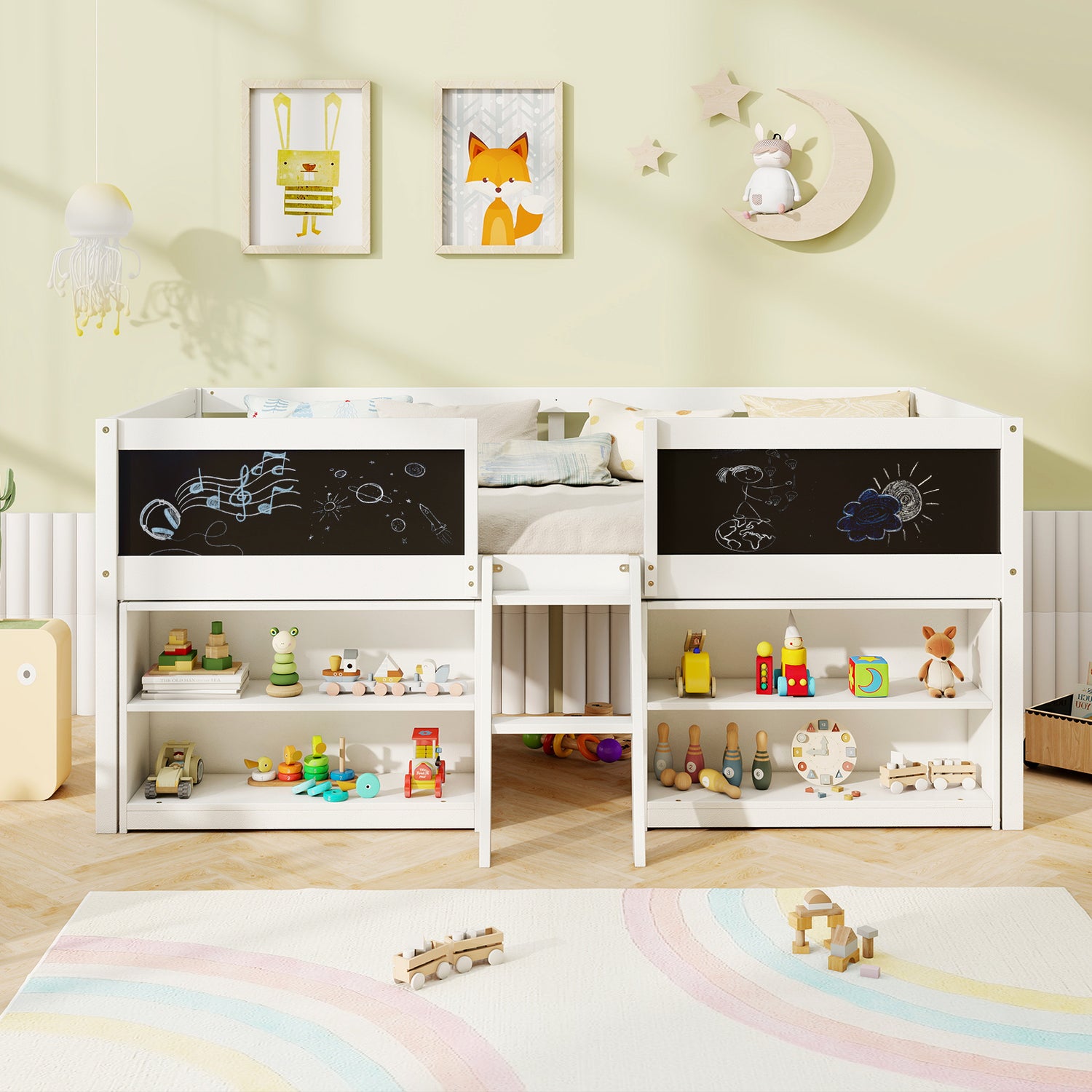 Kid Twin Size Low Loft Bed with Chalkboard Ramp Ladder and Bookcases