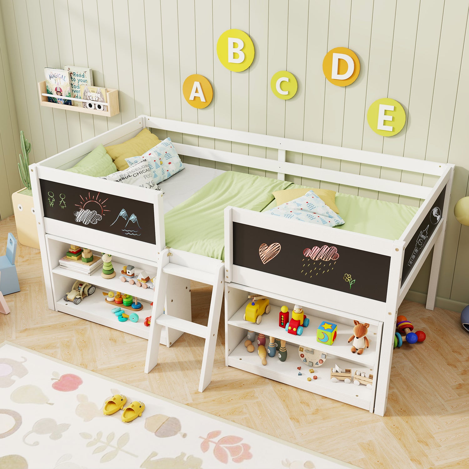 Kid Twin Size Low Loft Bed with Chalkboard Ramp Ladder and Bookcases