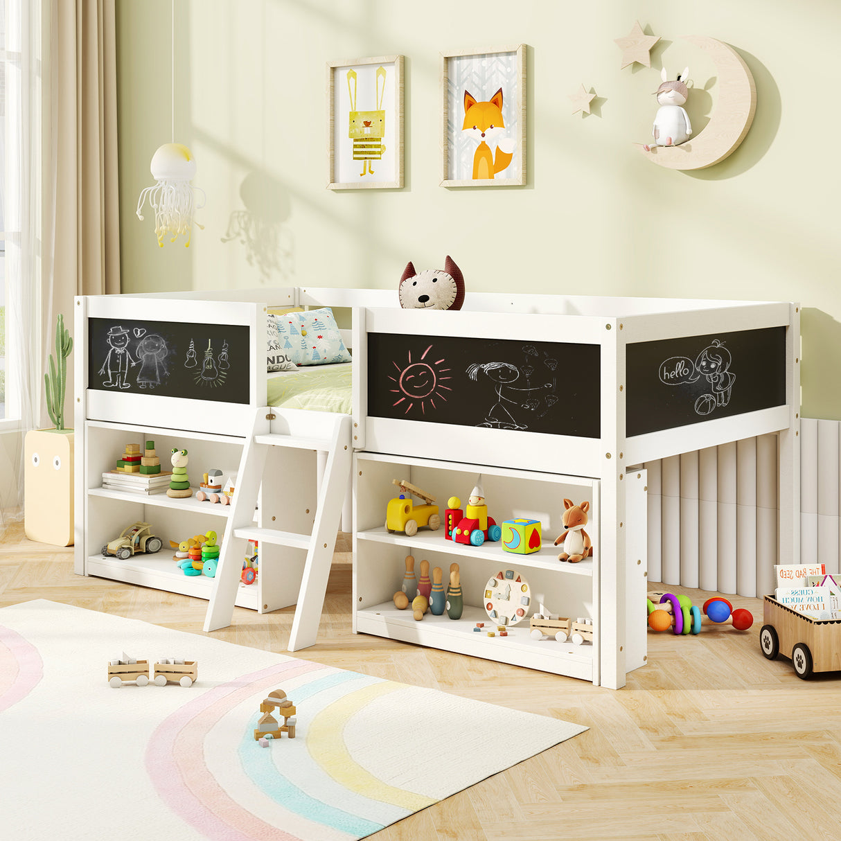 Kid Twin Size Low Loft Bed with Chalkboard Ramp Ladder and Bookcases