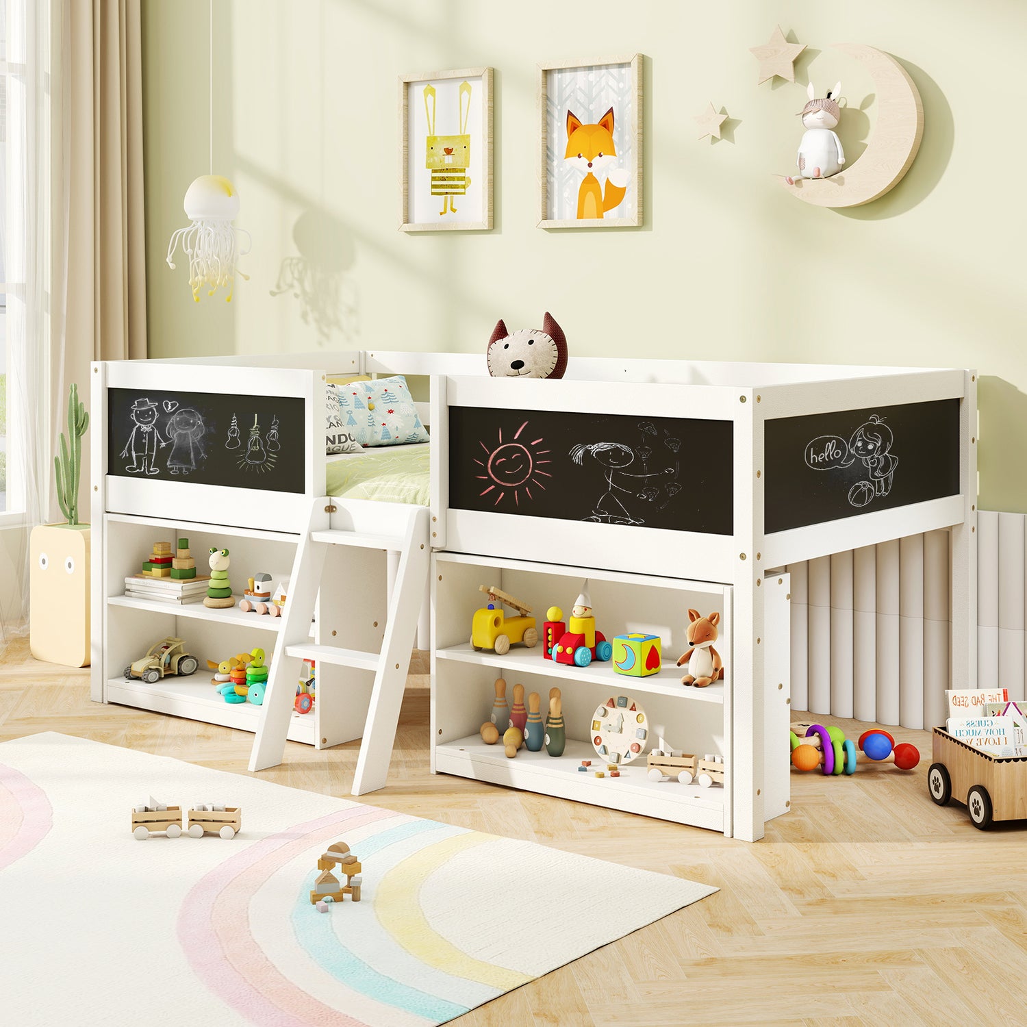 Kid Twin Size Low Loft Bed with Chalkboard Ramp Ladder and Bookcases