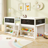Kid Twin Size Low Loft Bed with Chalkboard Ramp Ladder and Bookcases