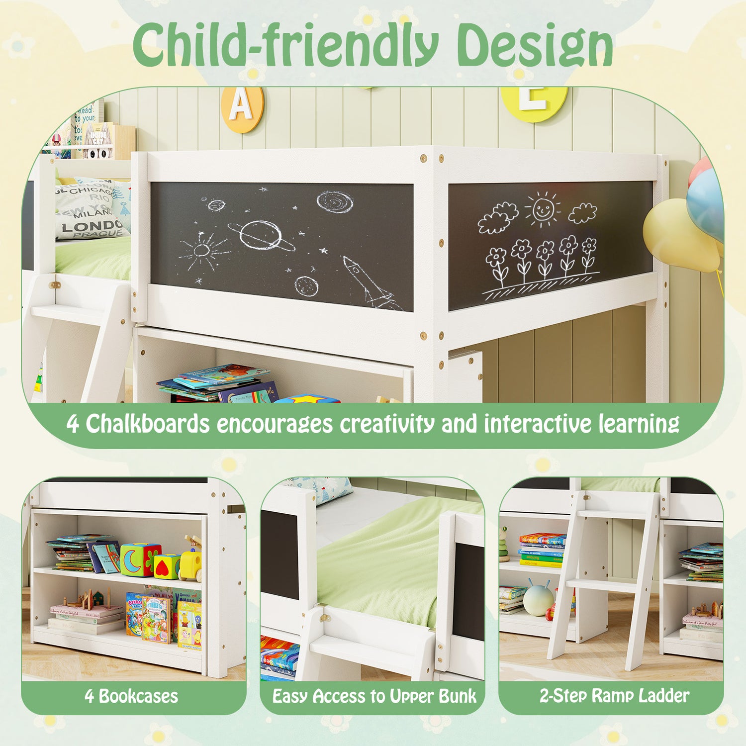 Kid Twin Size Low Loft Bed with Chalkboard Ramp Ladder and Bookcases