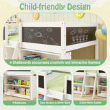 Kid Twin Size Low Loft Bed with Chalkboard Ramp Ladder and Bookcases
