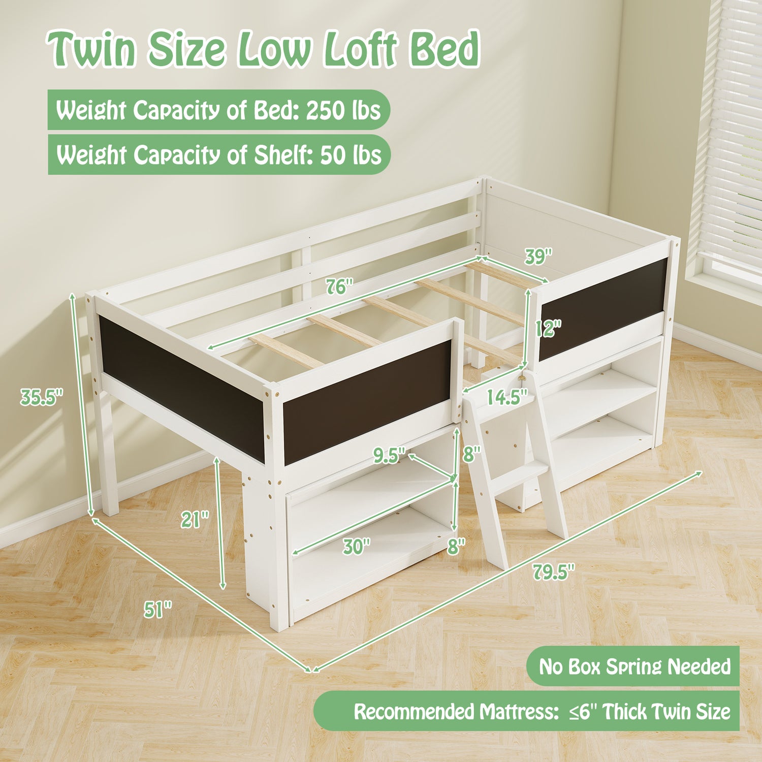Kid Twin Size Low Loft Bed with Chalkboard Ramp Ladder and Bookcases
