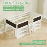Kid Twin Size Low Loft Bed with Chalkboard Ramp Ladder and Bookcases