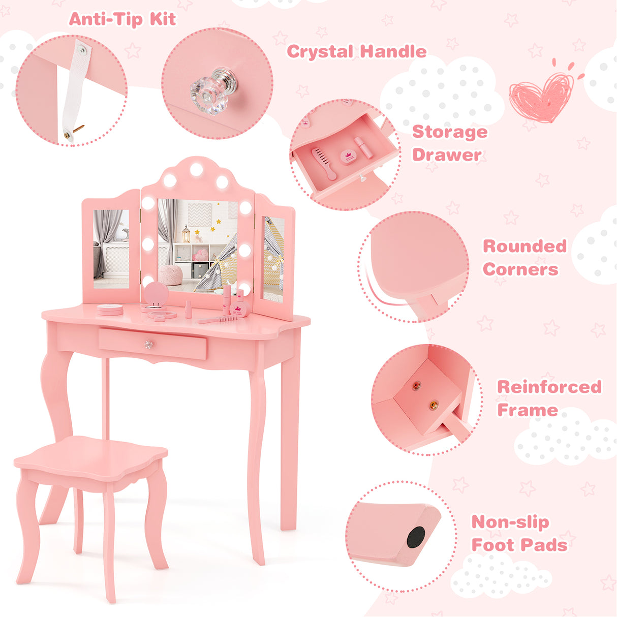 Kid Vanity Table Stool Set with Tri-Folding Mirror and 3-Color LED Lights-Pink