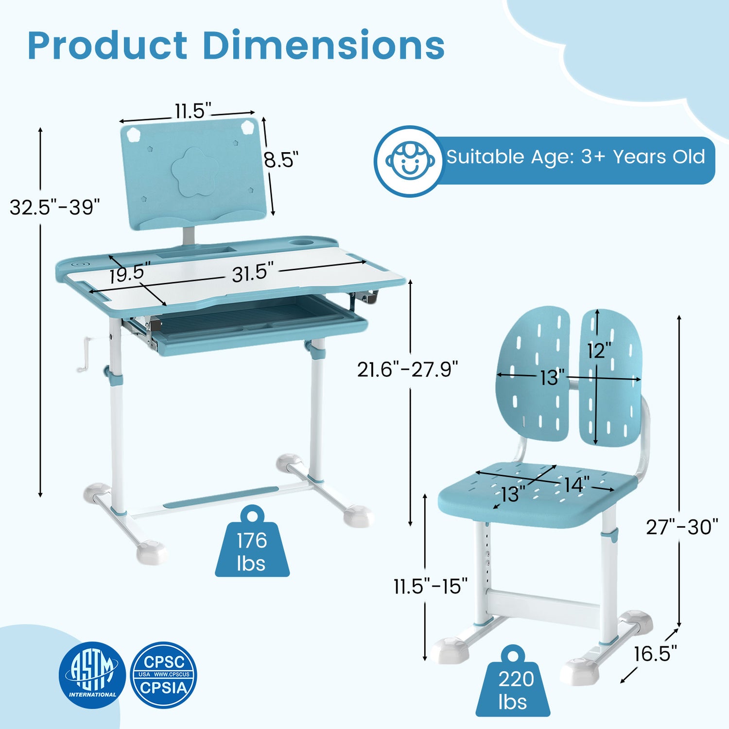 Kid's Study Desk and Chair Set with Tilt Desktop and Book Stand