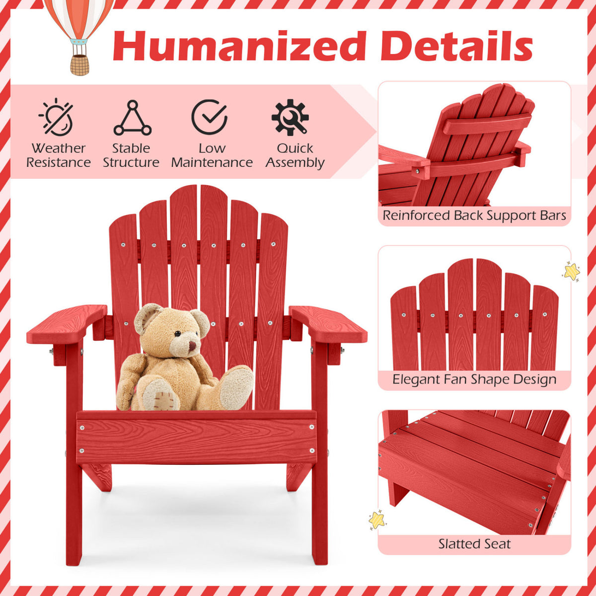 Kids Adirondack Chair All-weather Outdoor Chair for Children with Tilted High Backrest