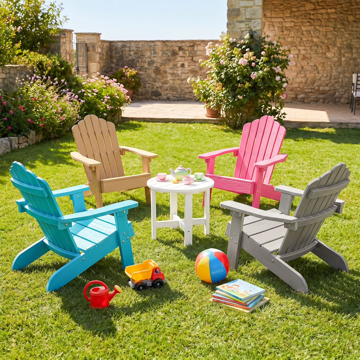 Kids Adirondack Chair All-weather Outdoor Chair for Children with Tilted High Backrest