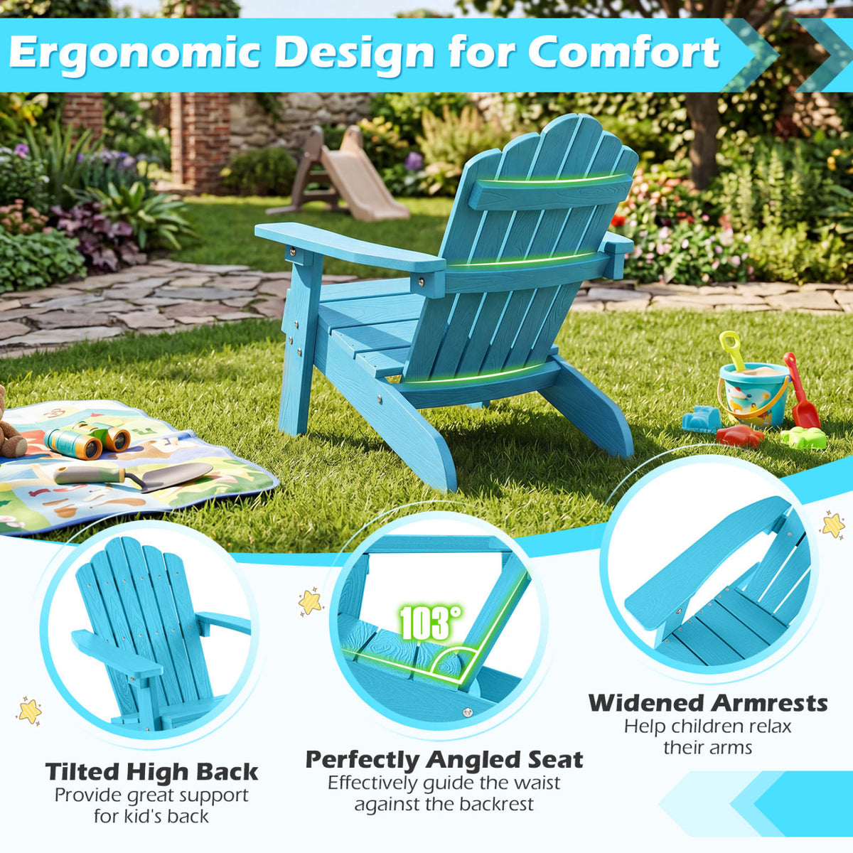 Kids Adirondack Chair All-weather Outdoor Chair for Children with Tilted High Backrest