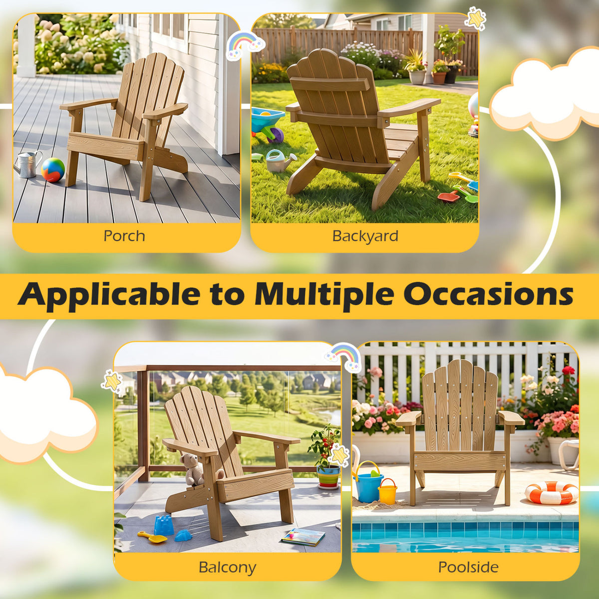 Kids Adirondack Chair All-weather Outdoor Chair for Children with Tilted High Backrest