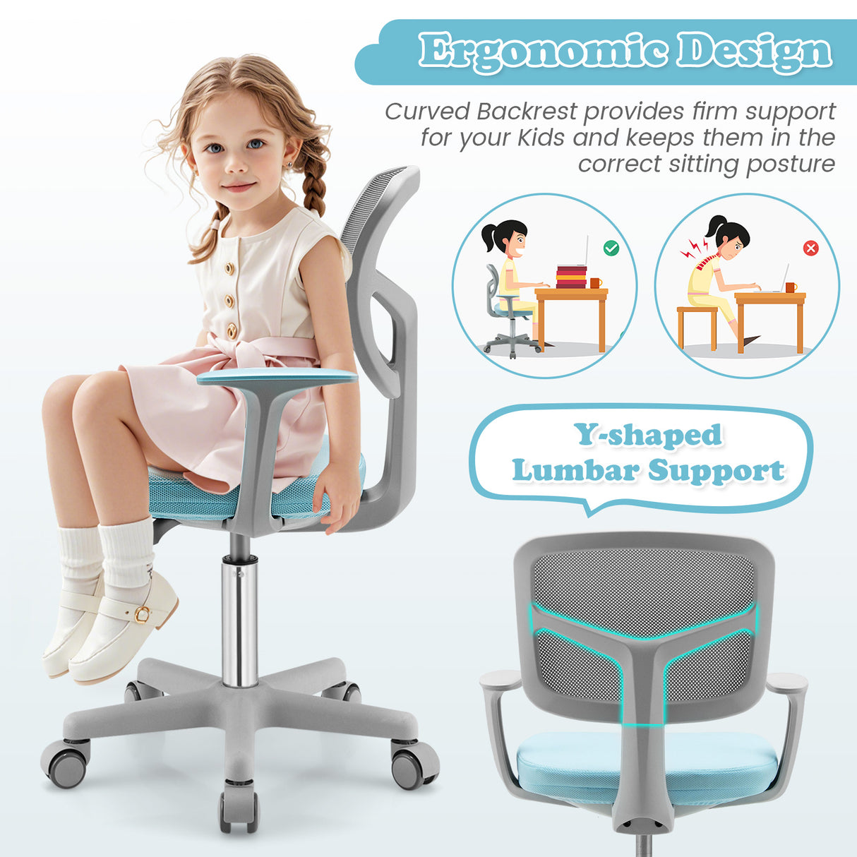 Adjustable Desk Chair with Auto Brake Casters for Kids