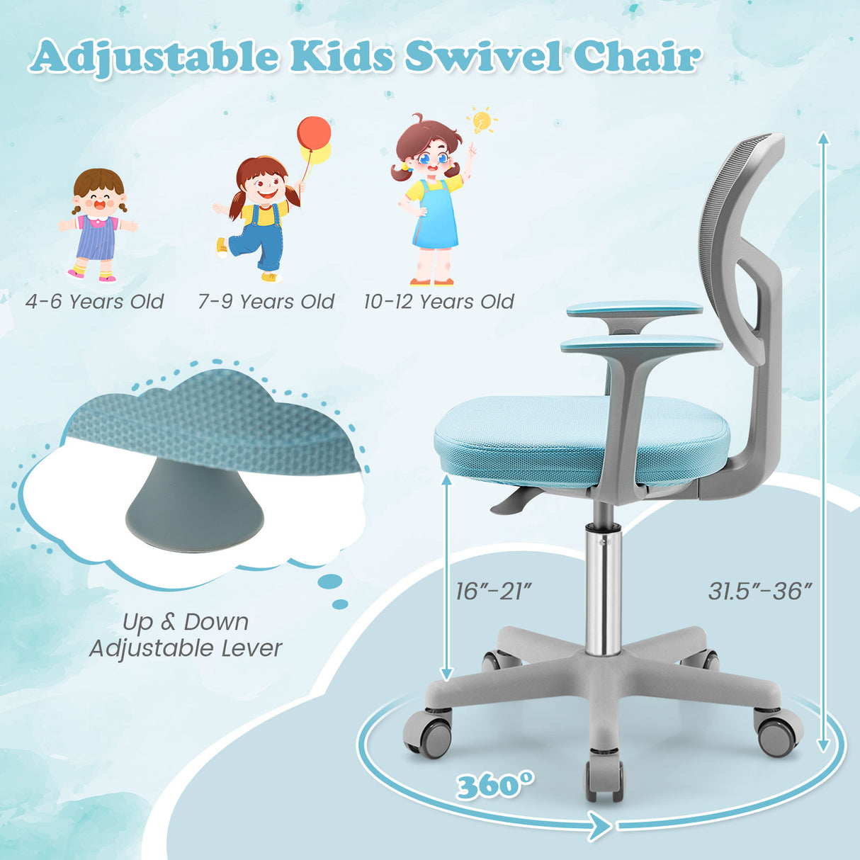 Adjustable Desk Chair with Auto Brake Casters for Kids