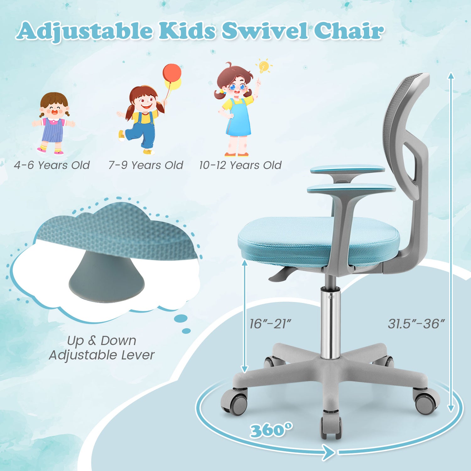 Adjustable Desk Chair with Auto Brake Casters for Kids