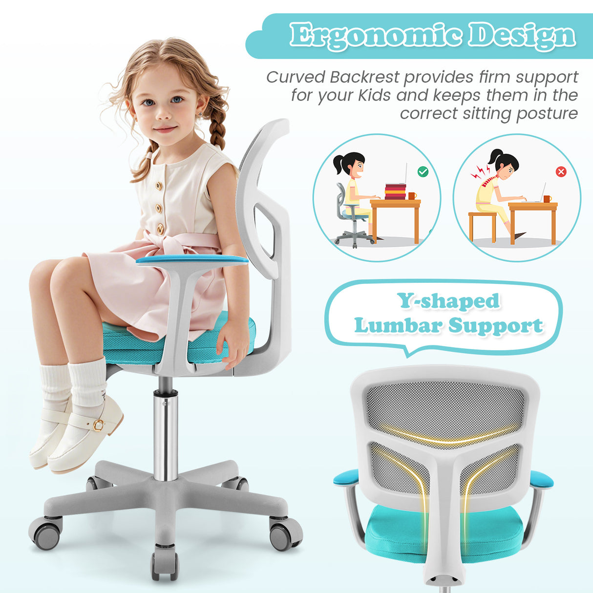 Adjustable Desk Chair with Auto Brake Casters for Kids