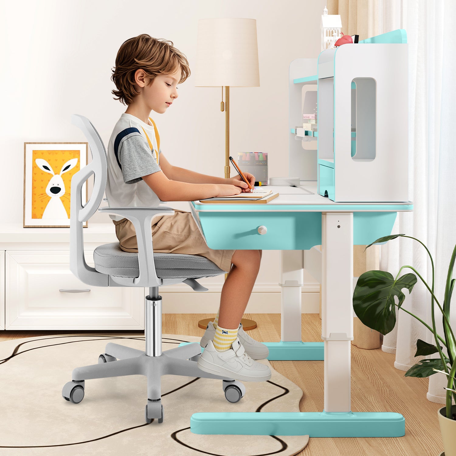 Adjustable Desk Chair with Auto Brake Casters for Kids