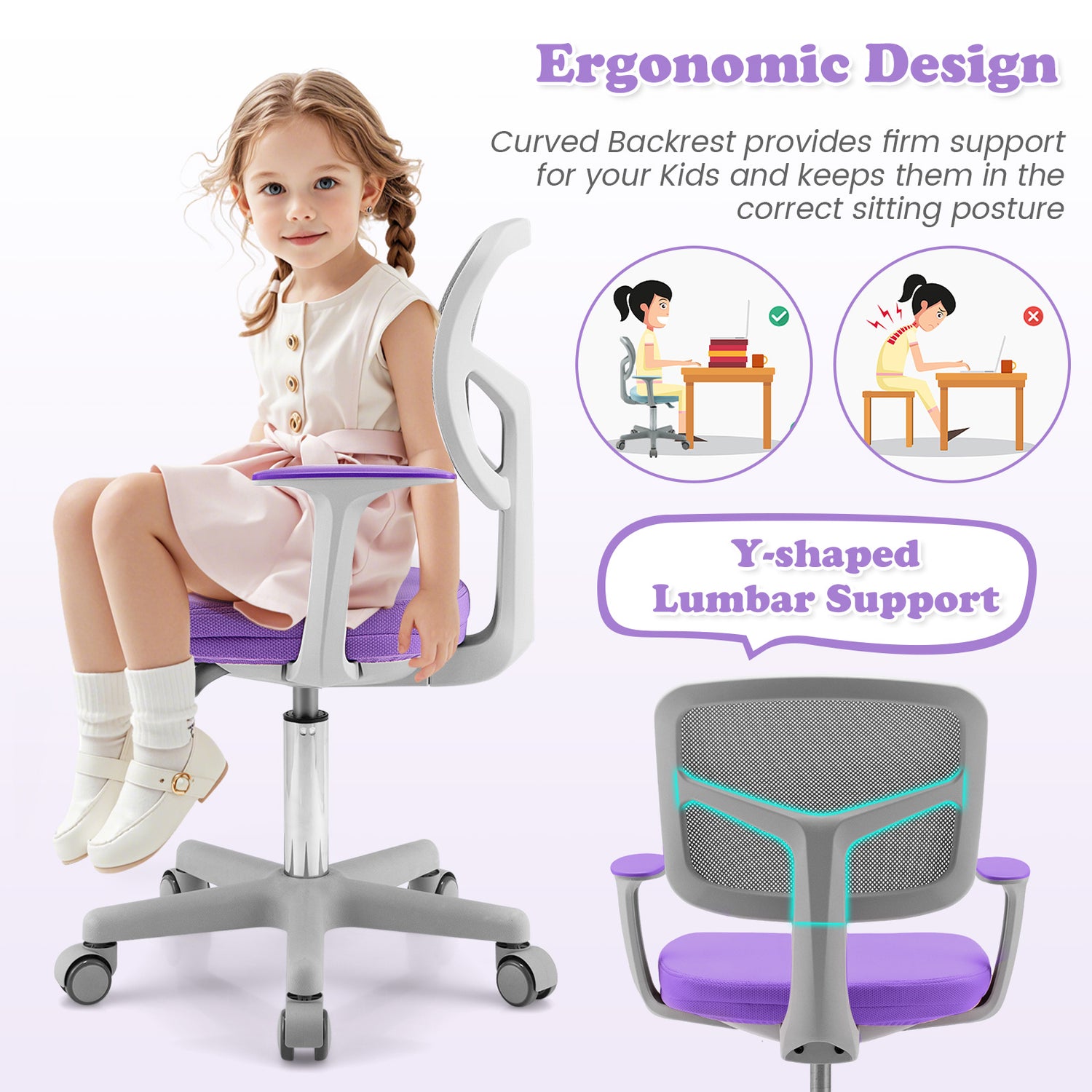 Adjustable Desk Chair with Auto Brake Casters for Kids