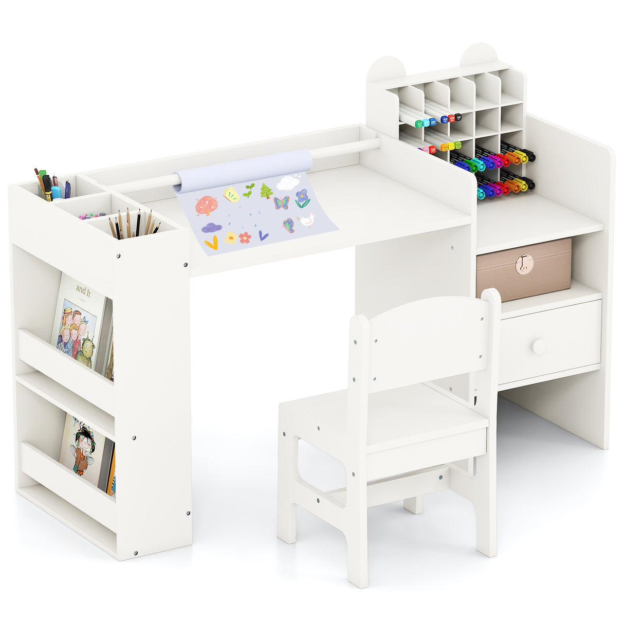 Kids Art Table and Chair Set with Detachable Paper Roll Holder and Cabinet