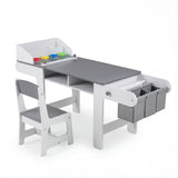Kids Art Table and Chair with Paper Roll and Fabric Bins for Drawing Reading Studying Playing-Gray