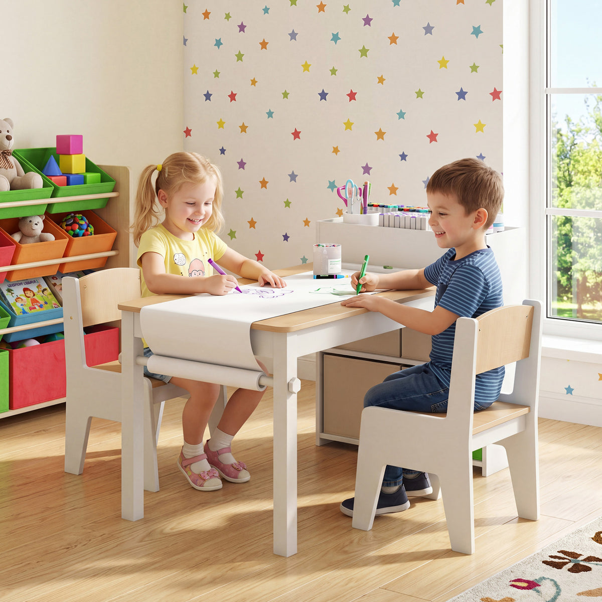 Kids Art Table and Chairs Set with 2 Chairs and Paper Roll