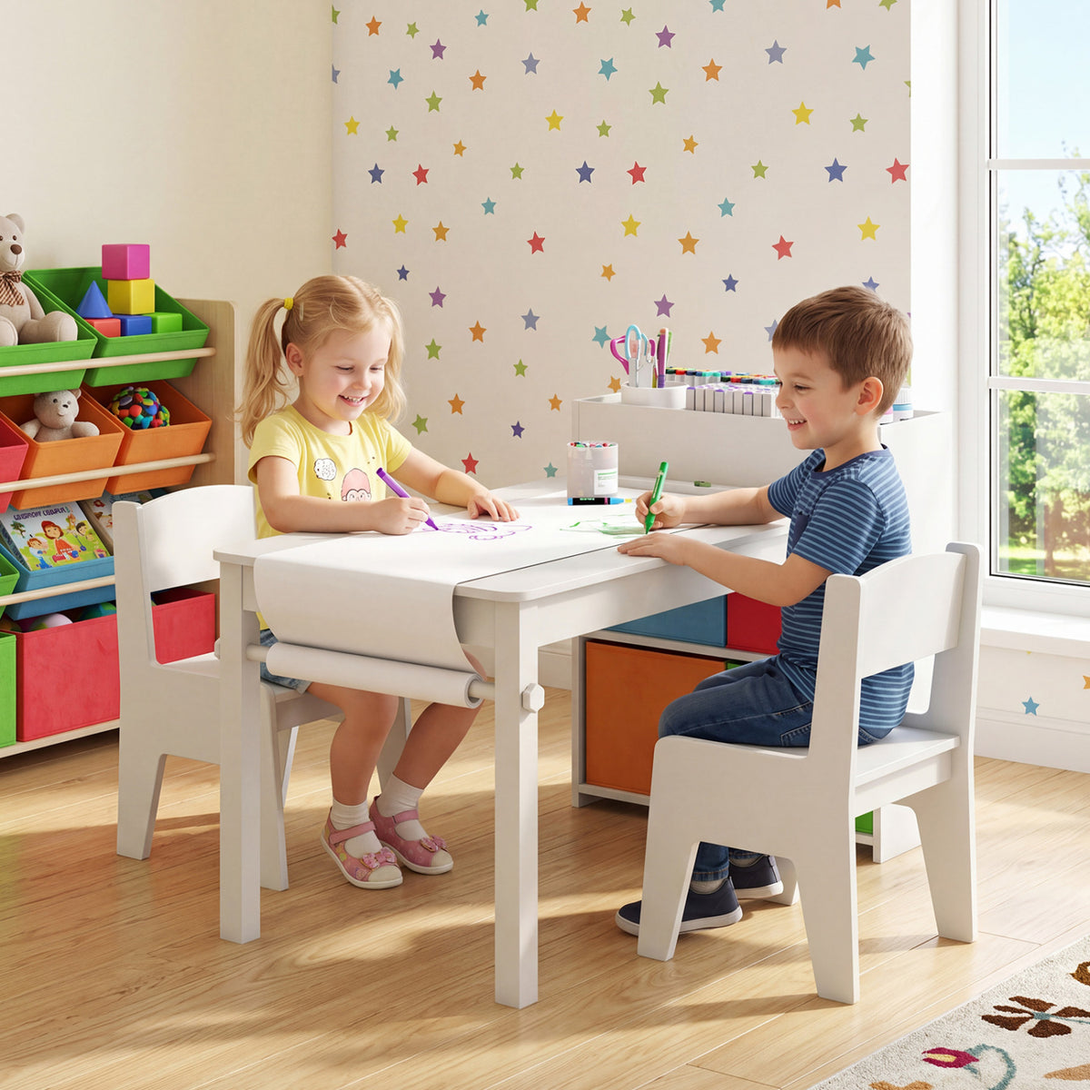 Kids Art Table and Chairs Set with 2 Chairs and Paper Roll