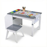Kids Art Table and Stool Set Toddler Activity Desk with Paper Roll and 4 Paint Cups for Drawing Learning-Gray