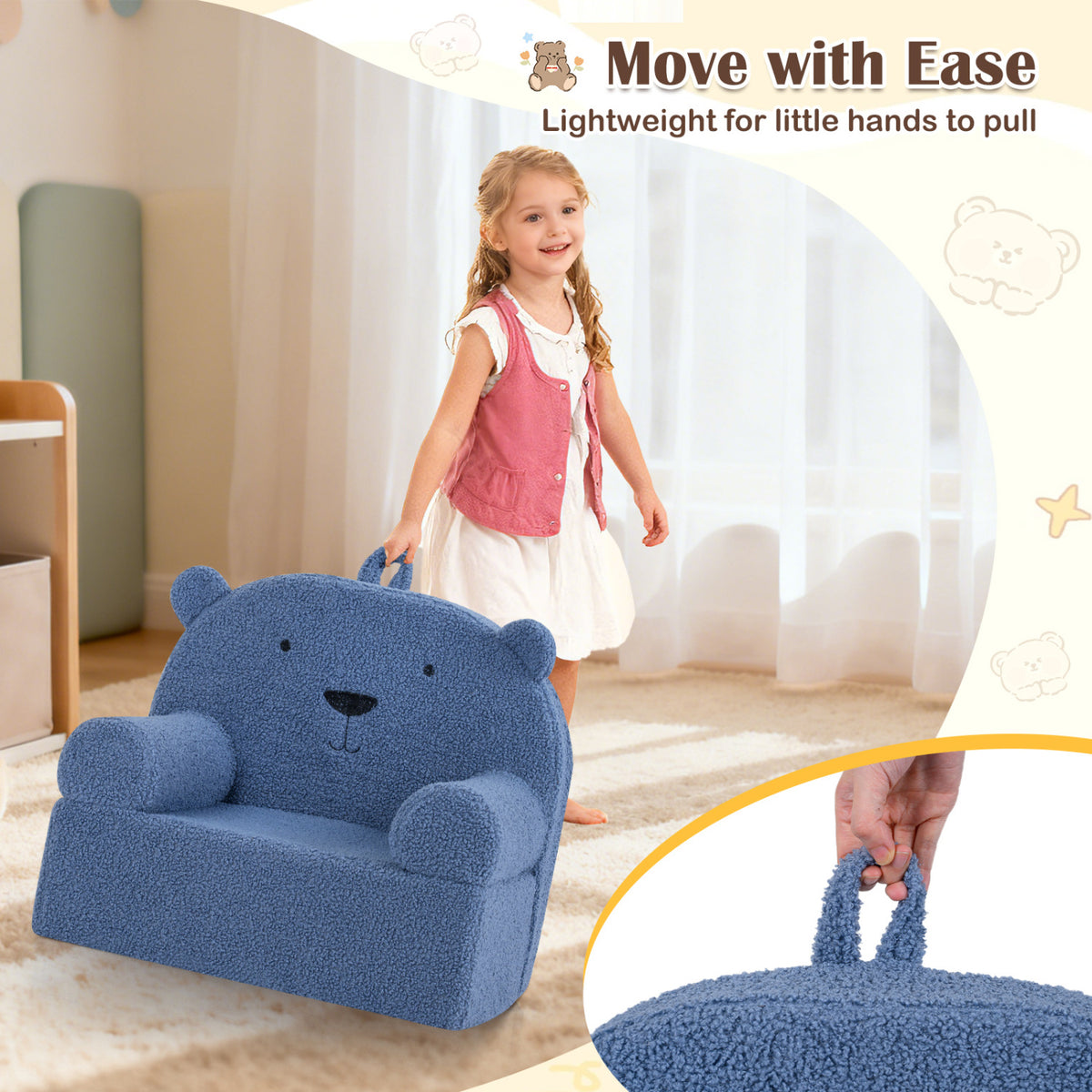 Kids Bear Sofa Toddler Foam Couch with Soft Fleece Fabric Cover
