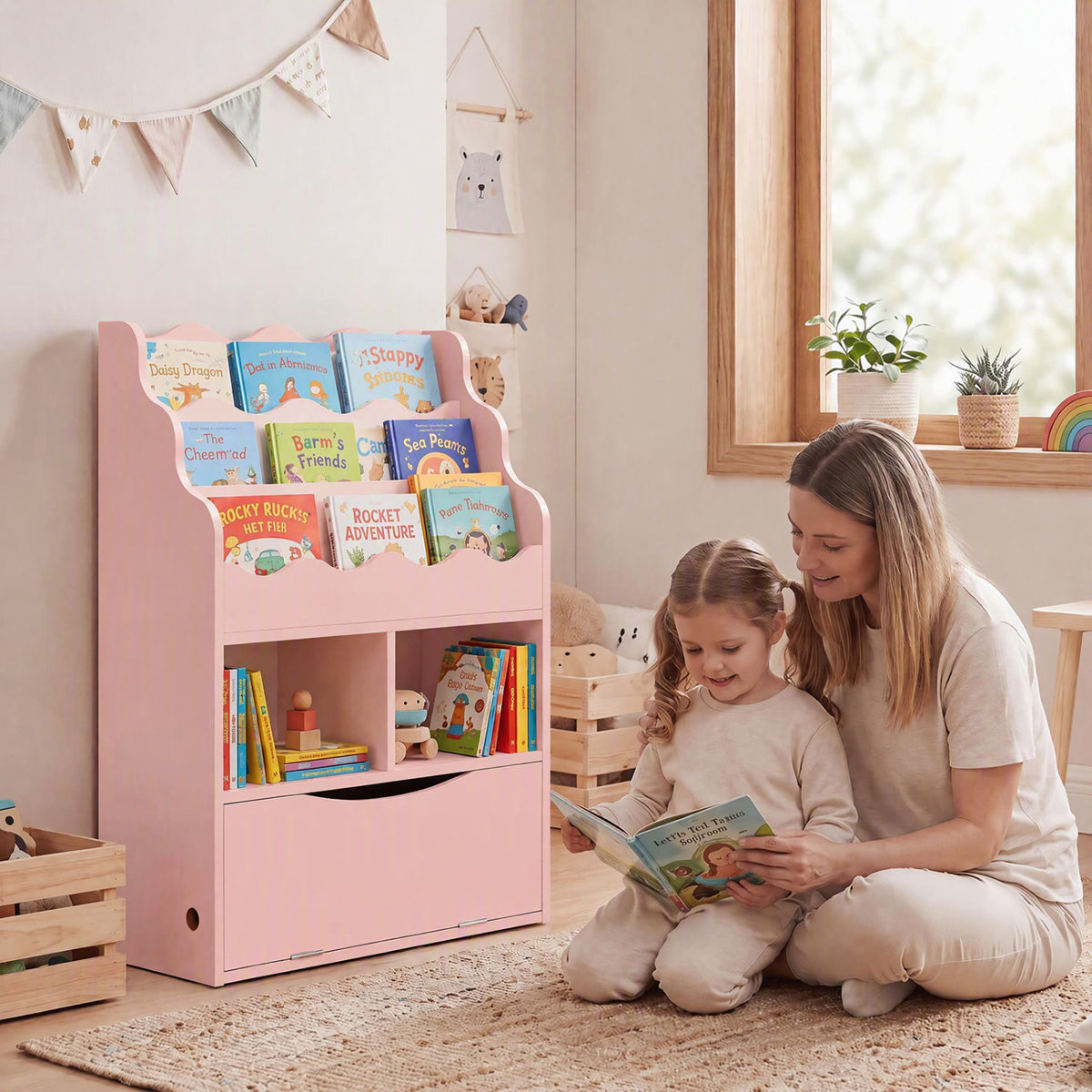 Kids Bookcase with 3-Tier Sling Bookshelf with Shelves Open Cubes and Flip Down Cabinet