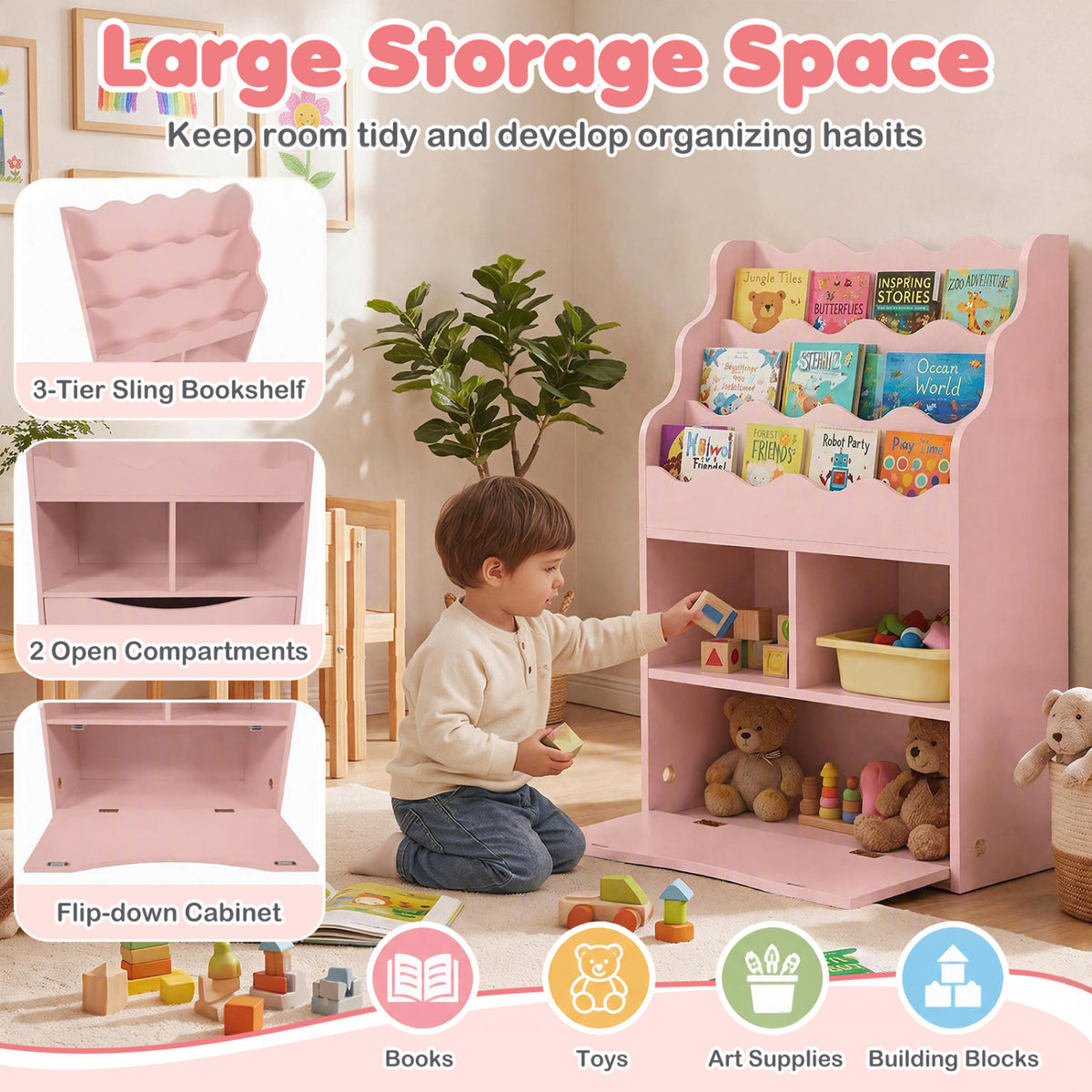 Kids Bookcase with 3-Tier Sling Bookshelf with Shelves Open Cubes and Flip Down Cabinet