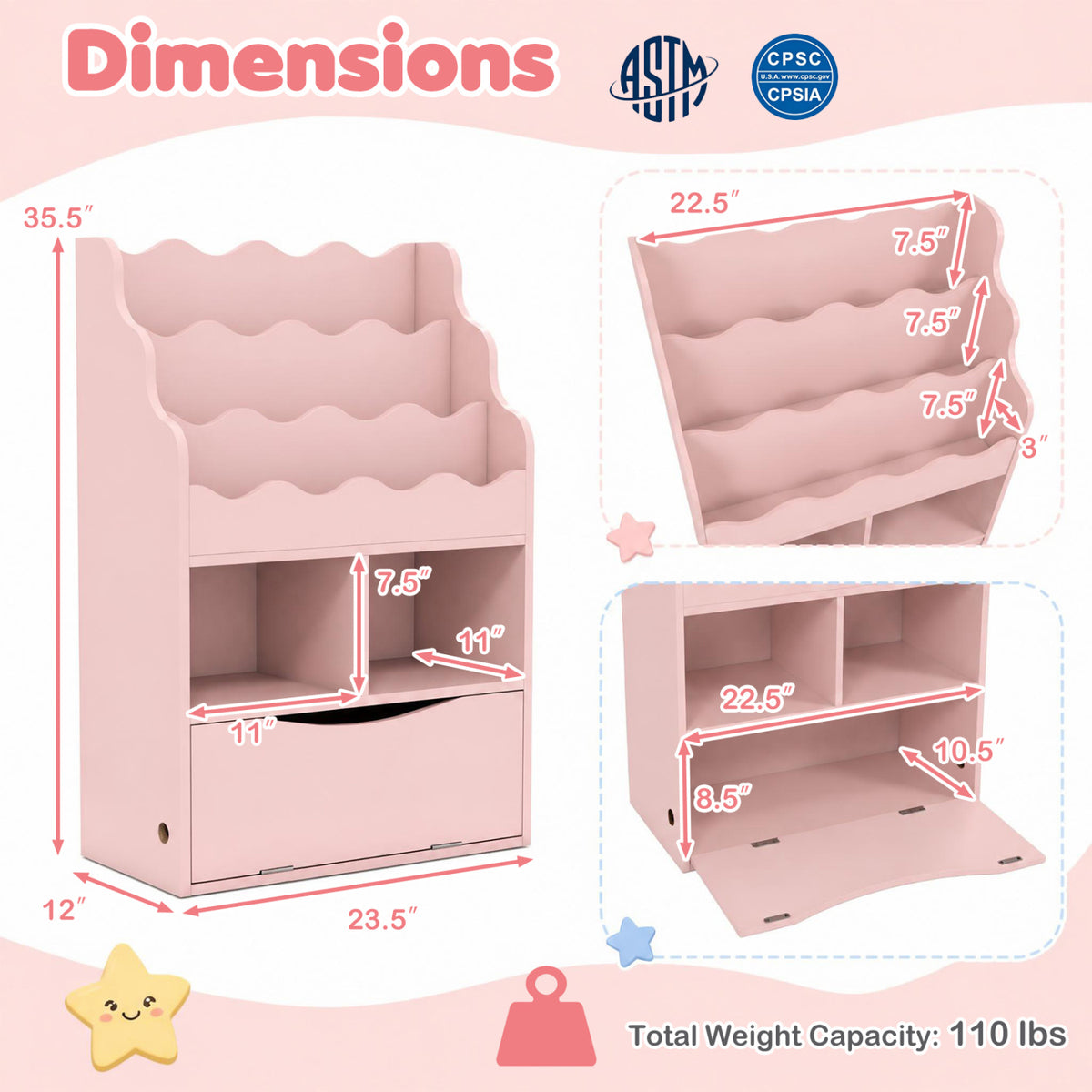 Kids Bookcase with 3-Tier Sling Bookshelf with Shelves Open Cubes and Flip Down Cabinet