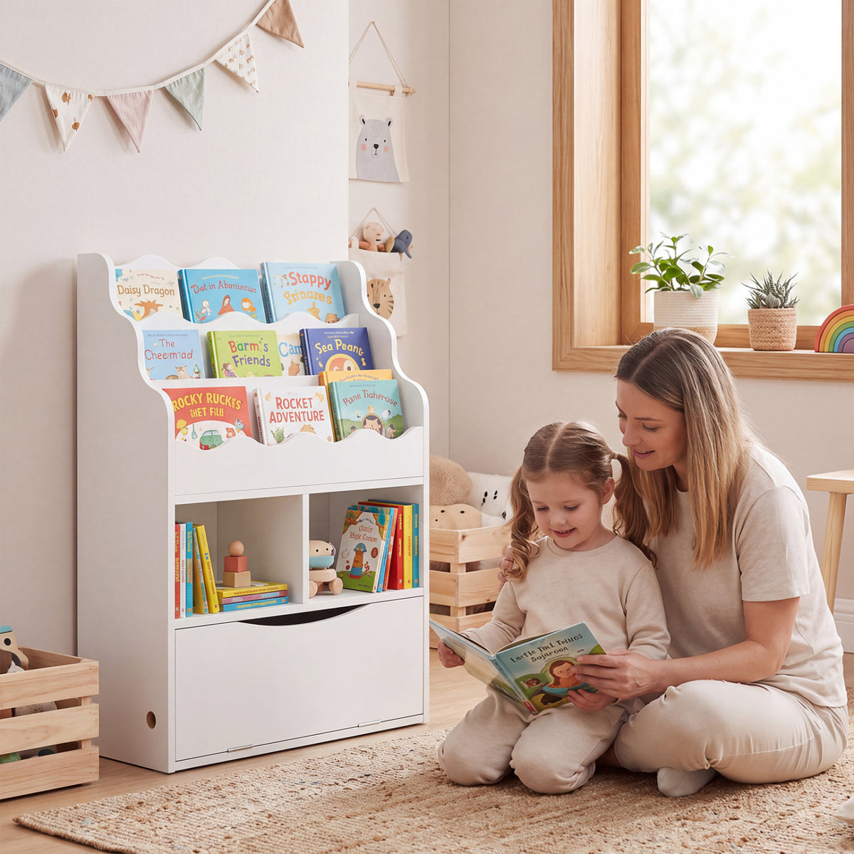 Kids Bookcase with 3-Tier Sling Bookshelf with Shelves Open Cubes and Flip Down Cabinet