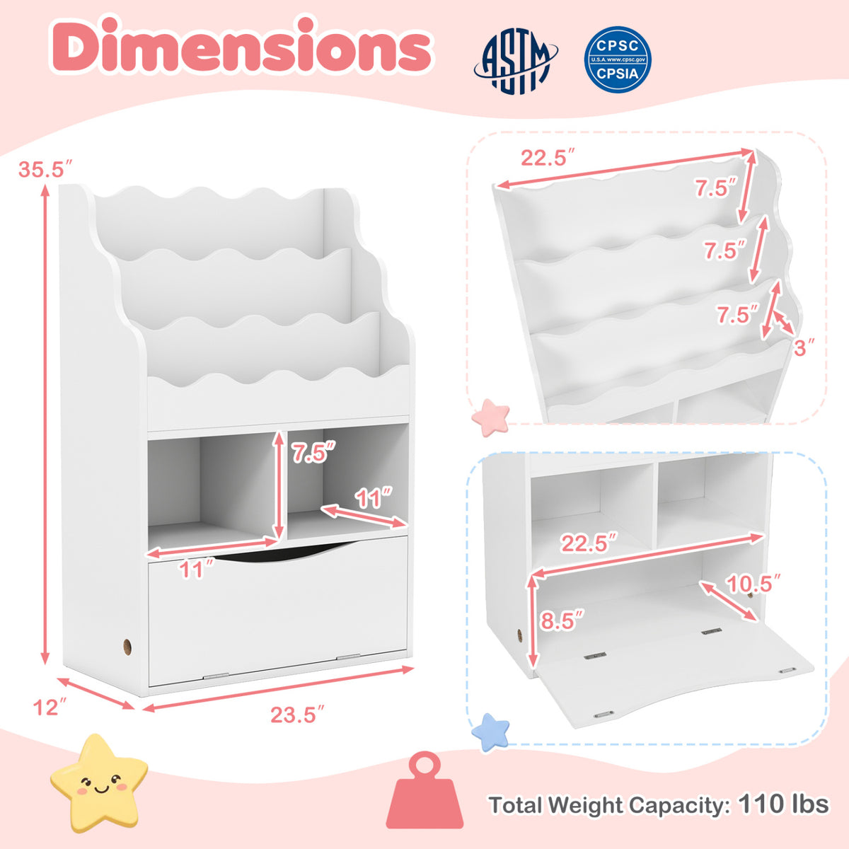 Kids Bookcase with 3-Tier Sling Bookshelf with Shelves Open Cubes and Flip Down Cabinet