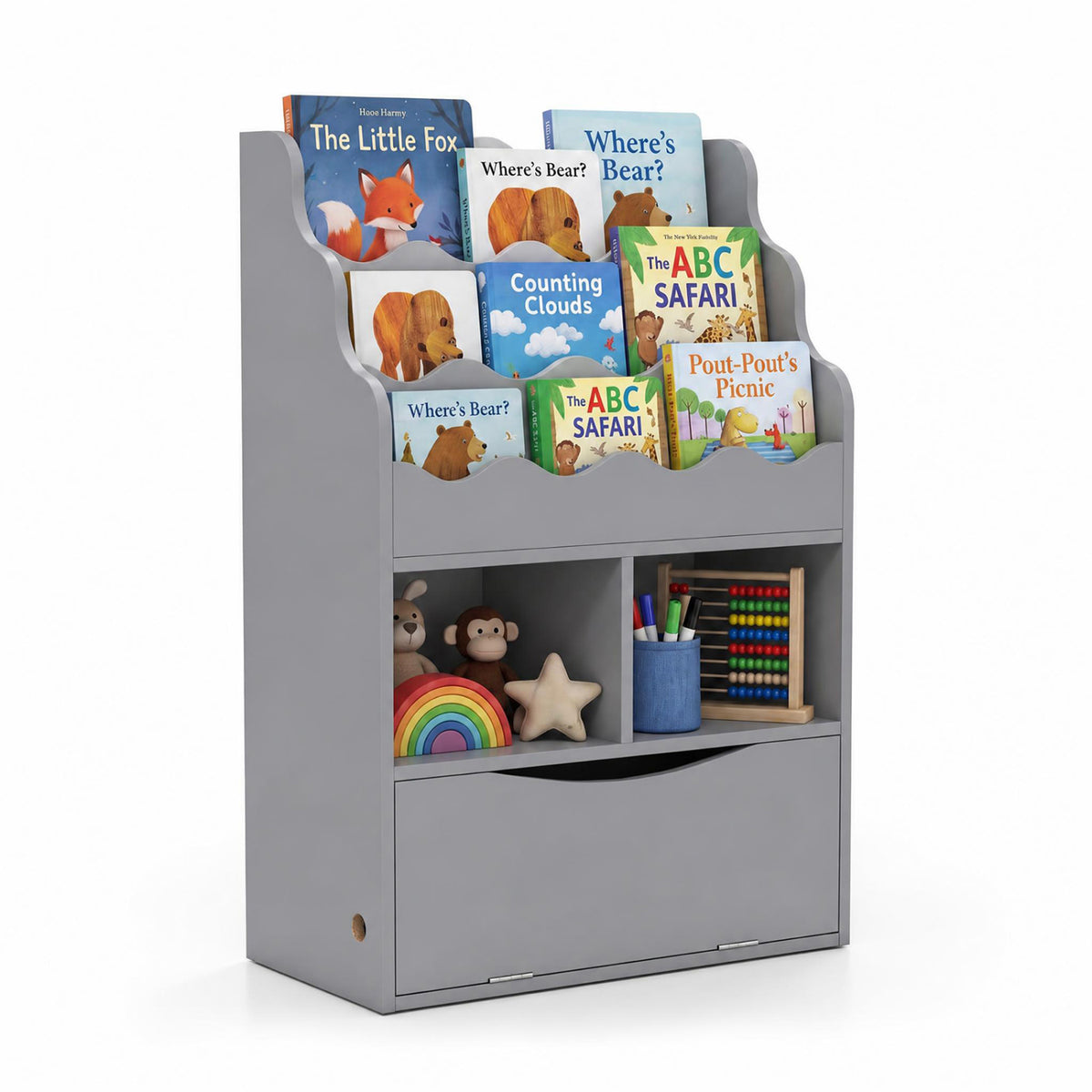 Kids Bookcase with 3-Tier Sling Bookshelf with Shelves Open Cubes and Flip Down Cabinet