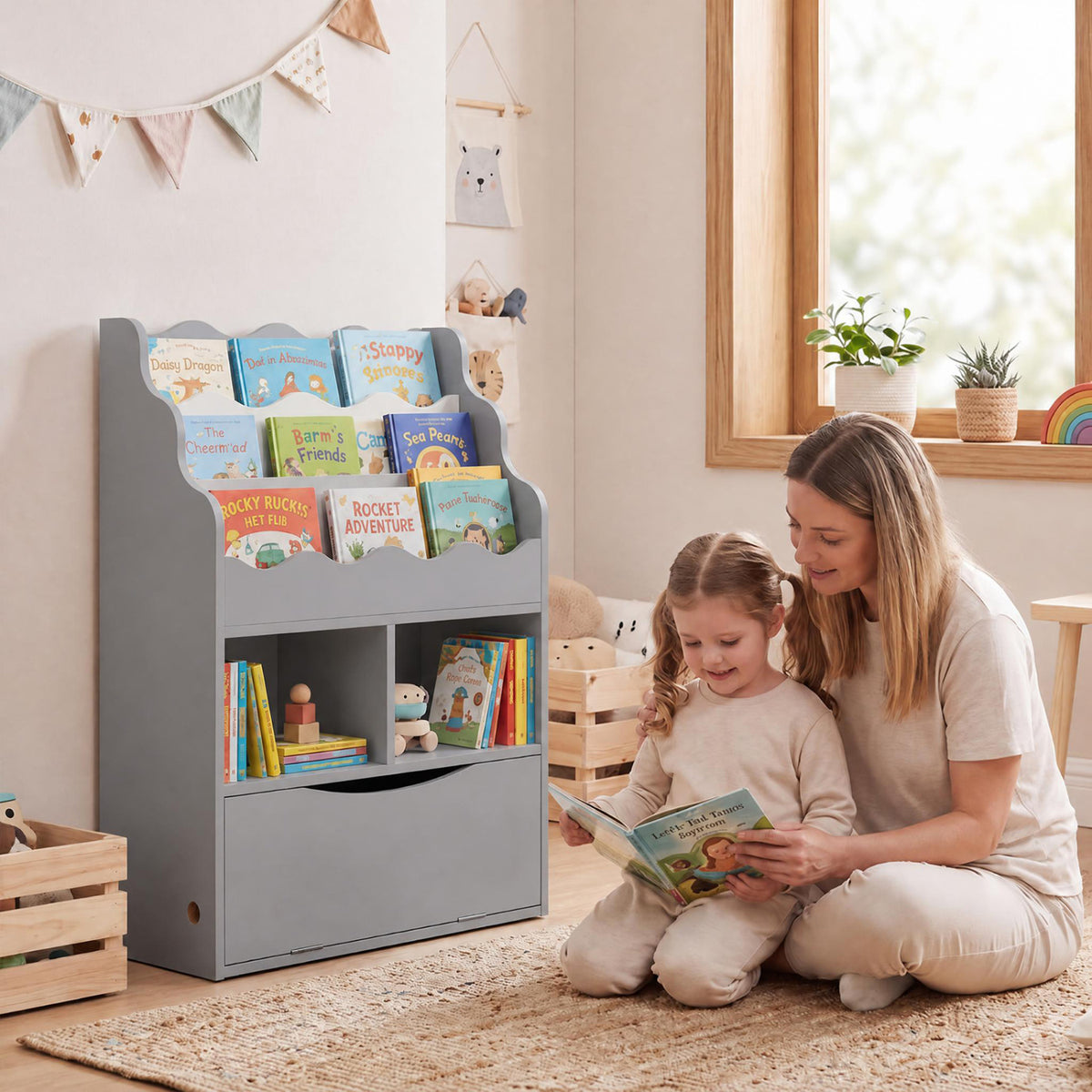 Kids Bookcase with 3-Tier Sling Bookshelf with Shelves Open Cubes and Flip Down Cabinet