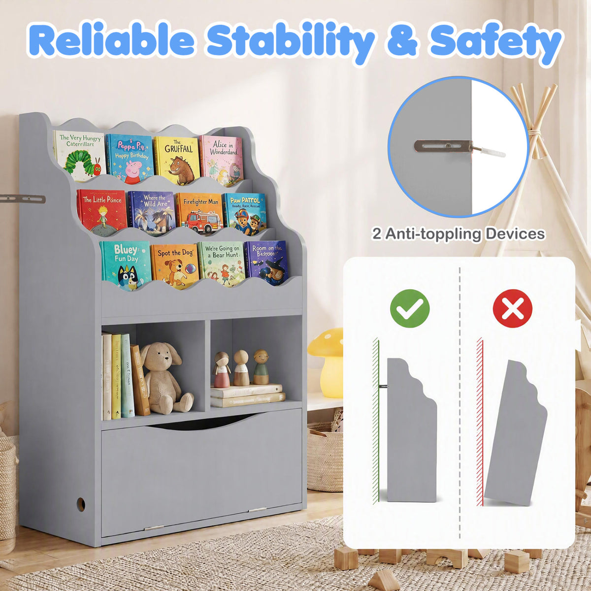 Kids Bookcase with 3-Tier Sling Bookshelf with Shelves Open Cubes and Flip Down Cabinet