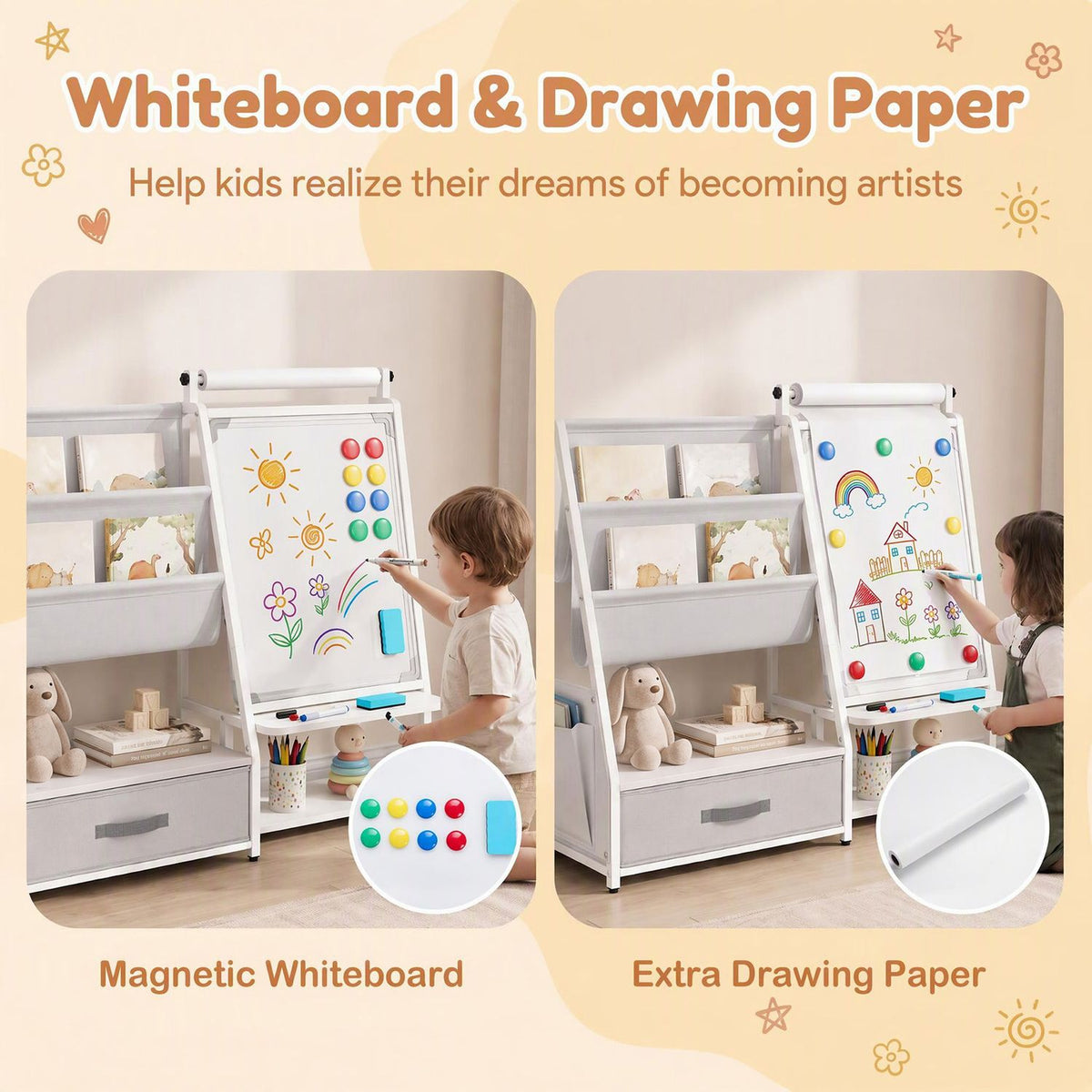Kids Bookshelf Art Easel with Toy Organizer and Magnetic Whiteboard