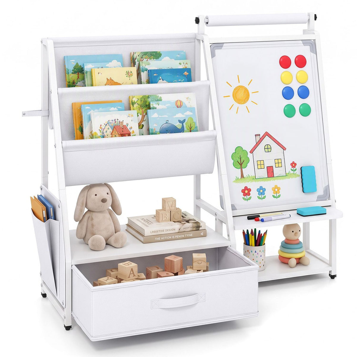 Kids Bookshelf Art Easel with Toy Organizer and Magnetic Whiteboard
