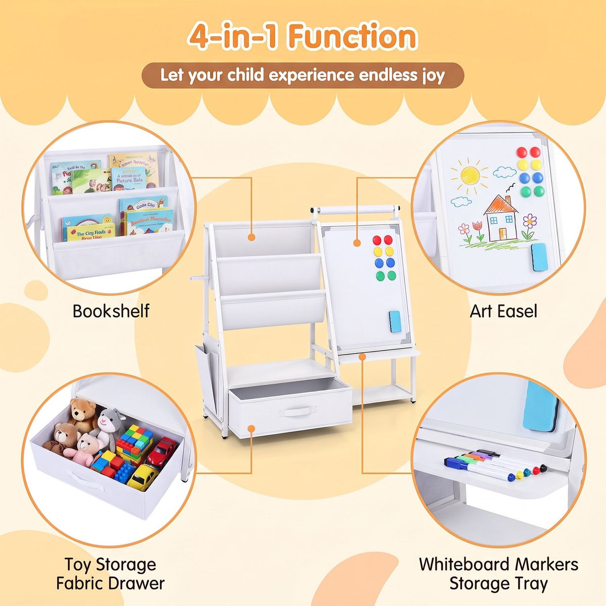 Kids Bookshelf Art Easel with Toy Organizer and Magnetic Whiteboard