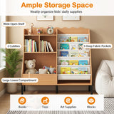 Kids Bookshelf and Toy Storage Organizer Wooden Bookcase with 5 Fabric Pockets-Natural