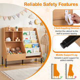 Kids Bookshelf and Toy Storage Organizer Wooden Bookcase with 5 Fabric Pockets-Natural