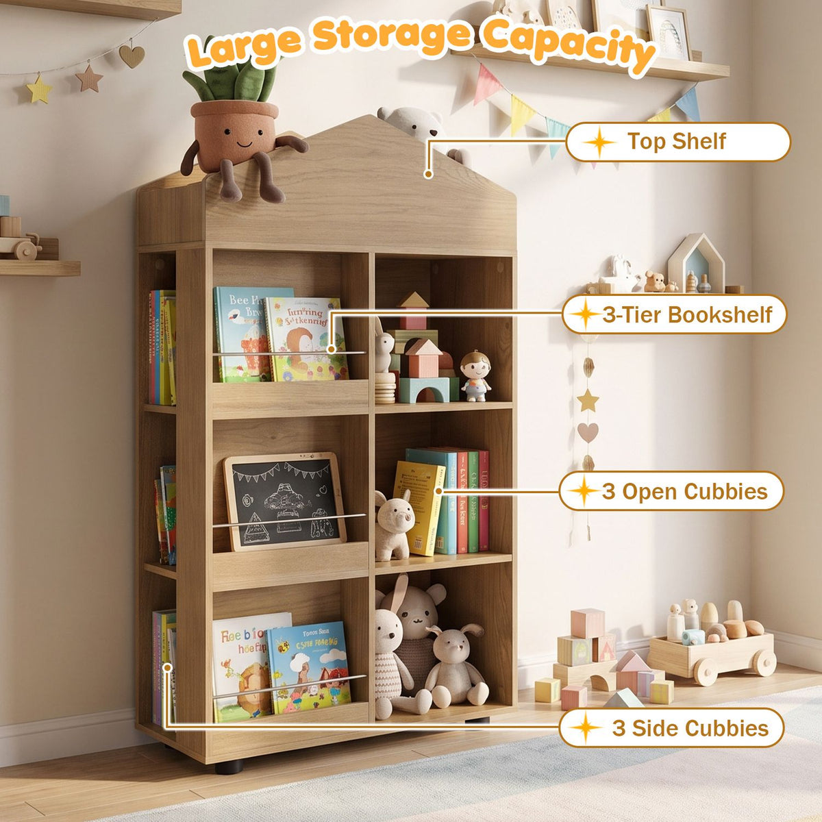 Kids Bookshelf and Toy Storage Organizer 4-Tier House-Shaped Toddler Bookcase