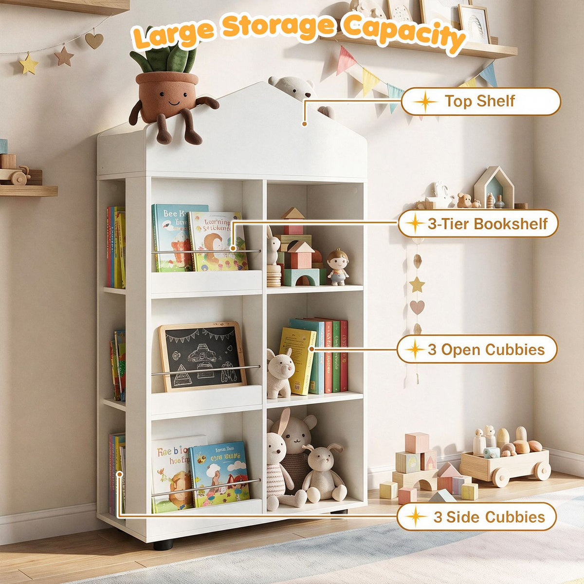 Kids Bookshelf and Toy Storage Organizer 4-Tier House-Shaped Toddler Bookcase
