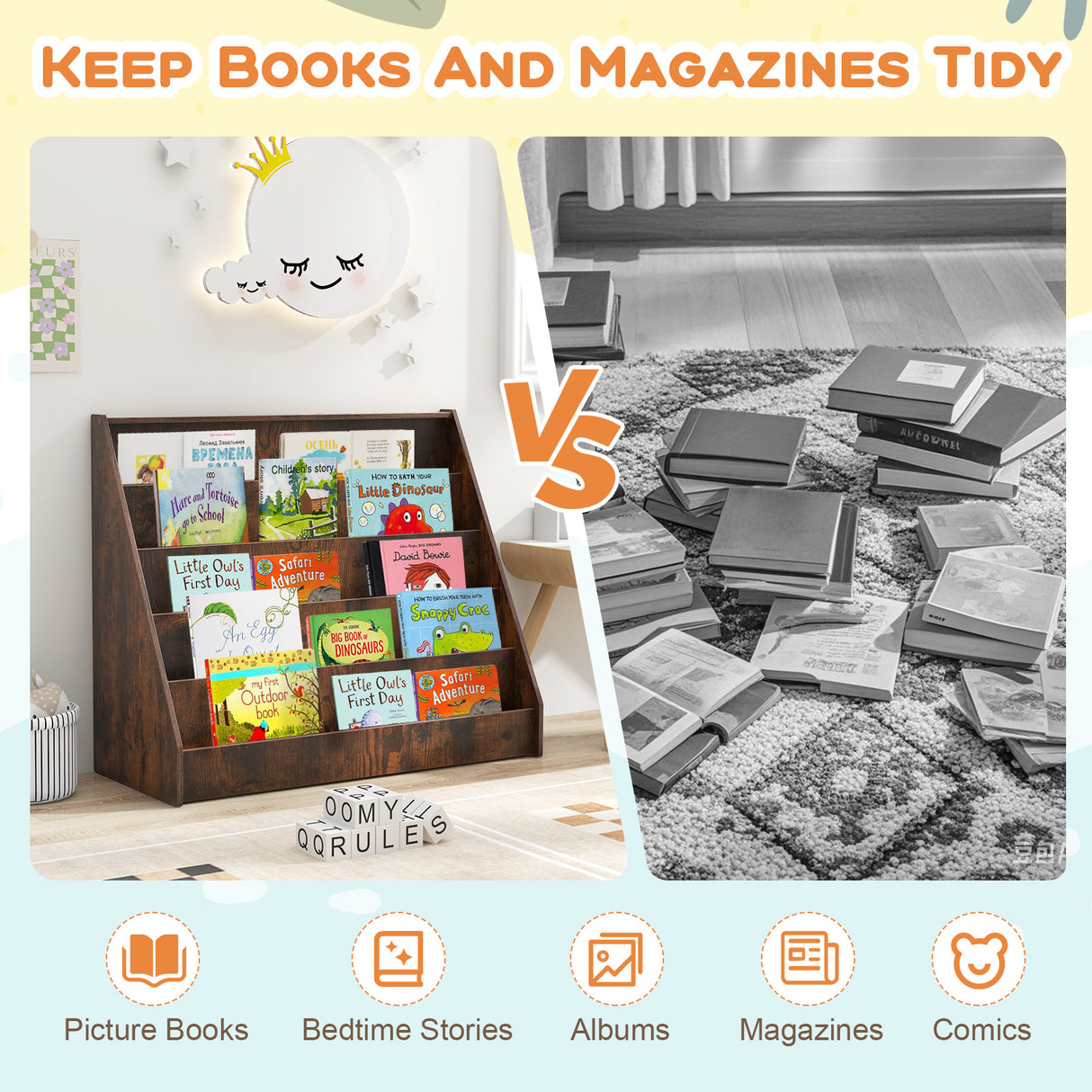 5-Tier Kids Bookshelf with Deep Compartments and Stable Baby Book Case