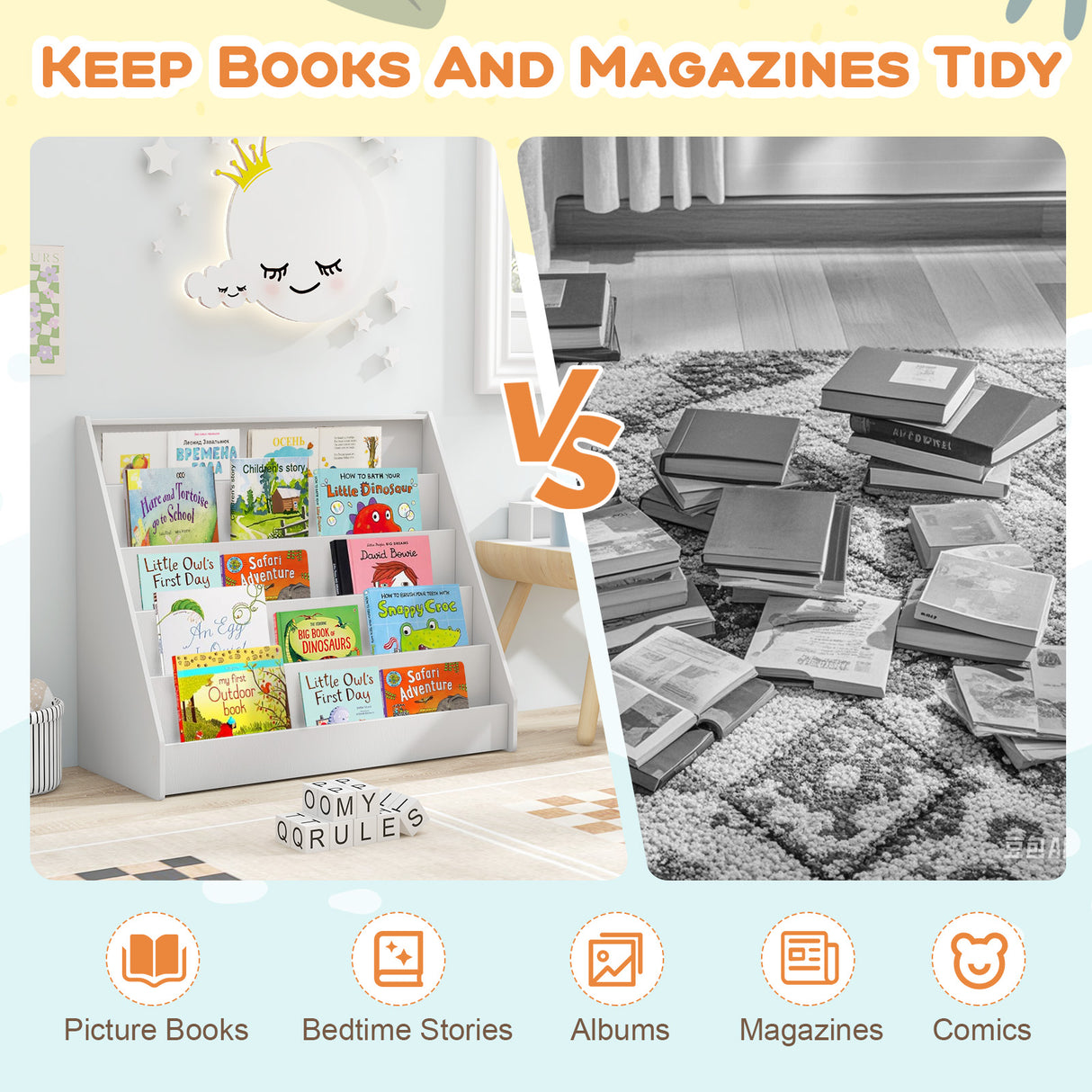 5-Tier Kids Bookshelf with Deep Compartments and Stable Baby Book Case